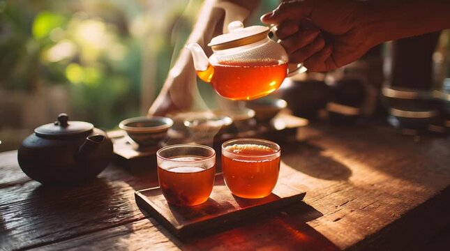 Pouring tea from glass teapot into two cups on wooden table steaming beverage warm amber light cozy morning ritual rustic tea ceremony