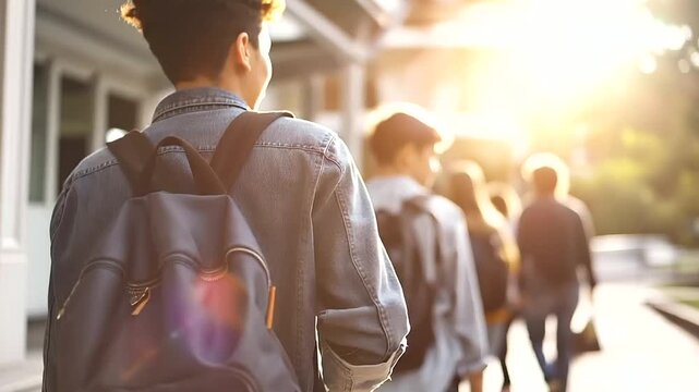 Focused image of faceless college students walking to class campus life hustle bustle academic environment movement university daily activity educational facility traffic
