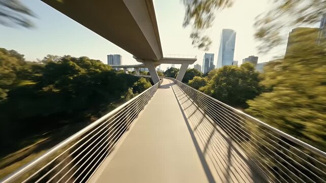 A motion-blurred perspective of a modern pedestrian bridge on a sunny day