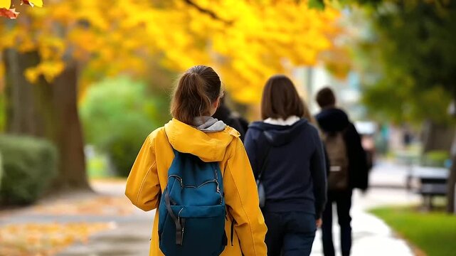 Vibrant dynamic university campus during autumn faceless students walking chatting studying capturing academic life essence knowledge pursuit representation defocused seasonal