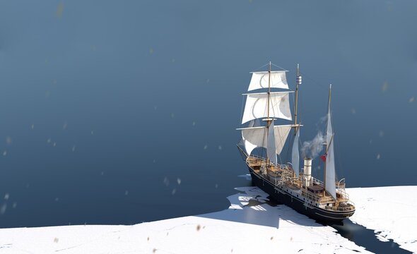 Historic polar exploration ship handcrafted interpretation of Endurance 3D render based on historical data view from back breaking out of an iceberg