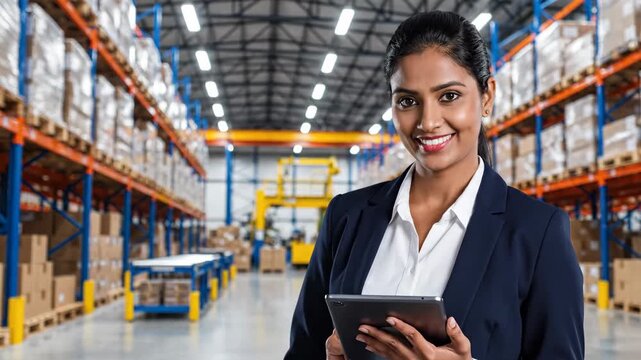 smiling indian woman manager using tablet in large warehouse. logistics and supply chain management concept. distribution center background. web design, blog post, corporate presentation.