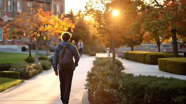 Faceless student walks along pathway college campus enjoying sunset warm light filters through autumn trees buildings academic environment defocused seasonal background with
