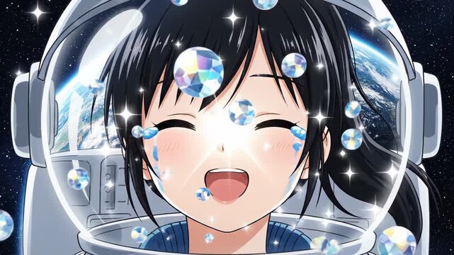 Female astronaut with black hair smiles joyfully inside a space helmet, surrounded by sparkling gems and a view of Earth in the background, conveying wonder and excitement