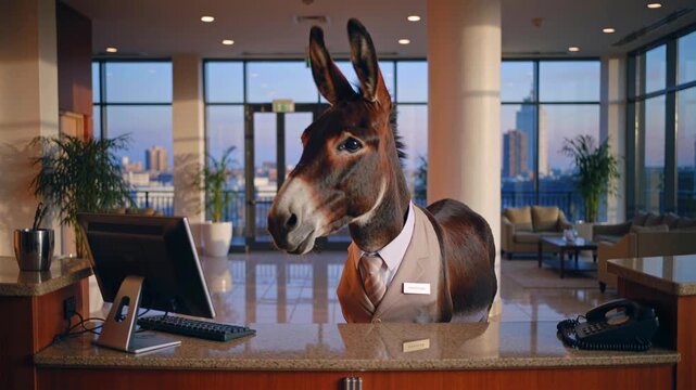 Receptionist welcomes visitors kindly daily, Reception staff member interacts with arriving guests energetically, Receptionist wearing badge enthusiastically greets new guests in vibrant cityview