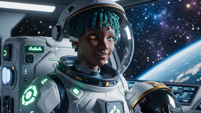 Female astronaut with teal curly hair smiles while holding a helmet, inside a futuristic spacecraft with a view of Earth and stars in the background