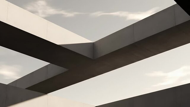 Abstract architectural forms intersect against a cloudy sky