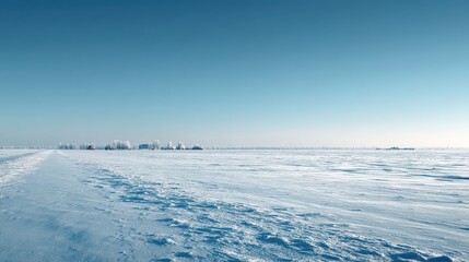 Obraz premium Vast snow-covered field under a clear blue sky in winter landscape