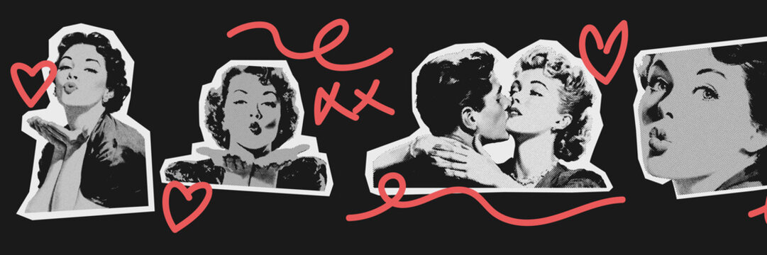 Vintage halftone valentine romance couples kissing and women blowing kisses retro collage set
