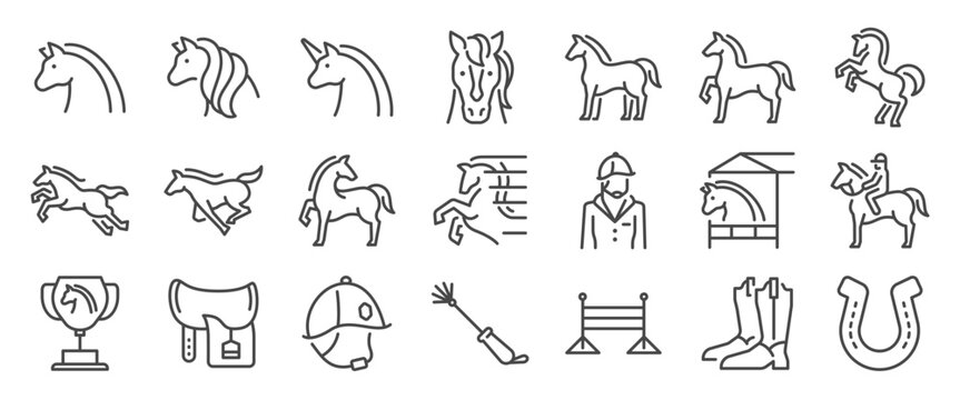 Horse icon set. It included pony, sport, horseshoe horse ride, saddle, helmet, and more icons. Editable Vector Stroke.