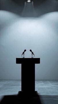 Two microphones on podium and podium microphone on empty stage under dramatic spotlight silhouette conveying anticipation and focus