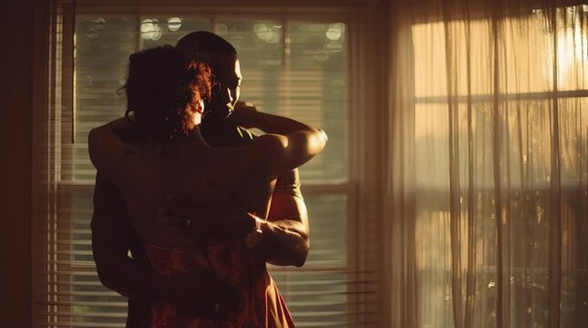 Couple embrace romance silhouette window sunset warm light intimate soft golden glow backlit room romantic intimate moment with soft curtains