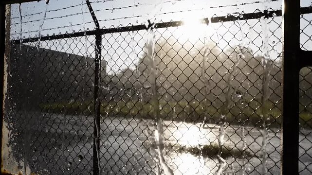 Sunlit rain streaks down a chain-link fence and barbed wire barrier