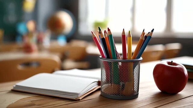 Back to school concept with student supplies desk colorful pencils holder red apple open notebook green chalkboard teachers table workplace defocused classroom setting with