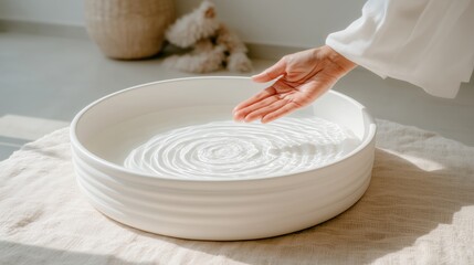 Hand Touching Water in White Bowl with Ripples and Sunlight
