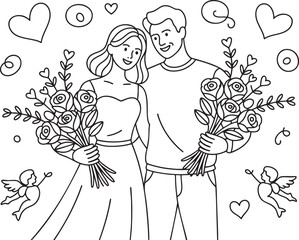 Couple in love holding roses flowers, romantic Valentines day celebration, hearts, cupid, tenderness, relationship