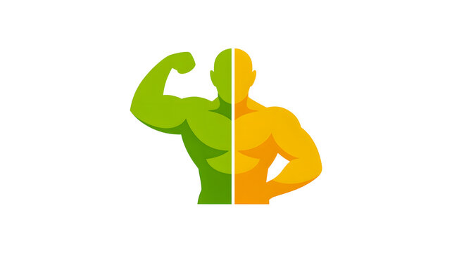 Muscular male bodybuilder silhouette logo split into green and orange halves on white background