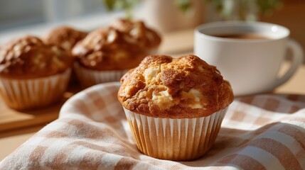 The essence of comfort food is depicted in a baked breakfast collection artfully placed on a soft gingham cloth, featuring muffins and aromatic coffee, evoking warm family gatherings or casual