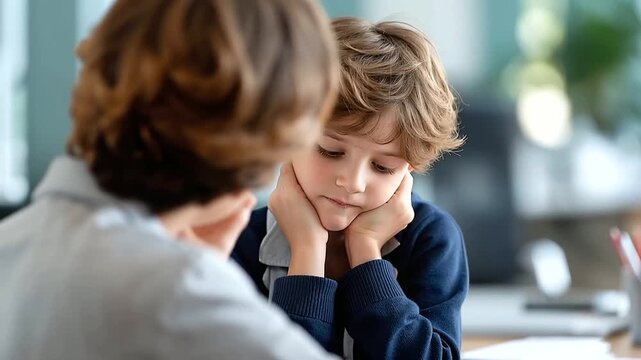 Faceless counseling child and professional talking support help with problem mental health therapy consultation listening empathy therapist school life advice defocused office