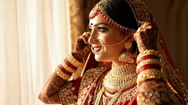 Indian Bride Traditional Wedding Ritual Hands Gold Jewelry Detail