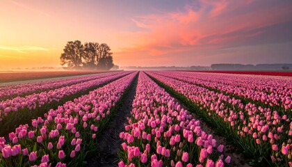 Vast Pink Tulip Field Under a Sunrise Sky.