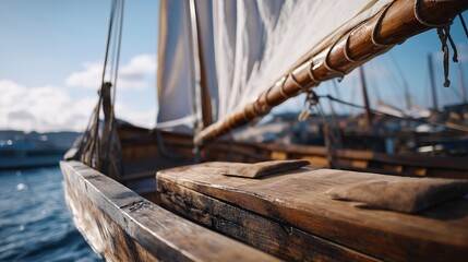A close-up on a sailing junk boat to emphasize the intricate details of its wooden structure and craftsmanship, highlighting the cultural significance of this traditional vessel in the world of