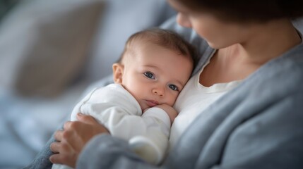 Bottle feeding scene with infant resting securely in parent&rsquo;s arms, calm expression reflecting safety, warmth, and healthy feeding routine. cinematic color correction, natural uneven lighting yet