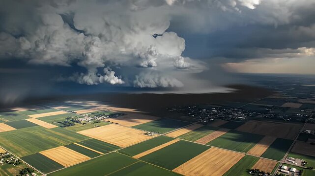 Approaching storm clouds cast dark shadows over patchwork farmland fields