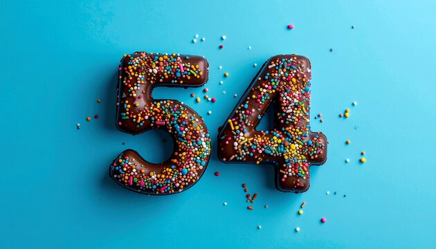 Chocolate number 54 covered with nonpareils and sprinkles on solid background. Photo for birthday or anniversary party