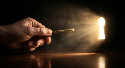 Hand holding vintage key approaching glowing keyhole light for business opportunity, unlocking success, solving mystery and future discovery concept