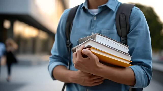 Faceless intelligent young male student holding books stack wearing backpack school university conveying focus academic life educational dedication display defocused campus bac