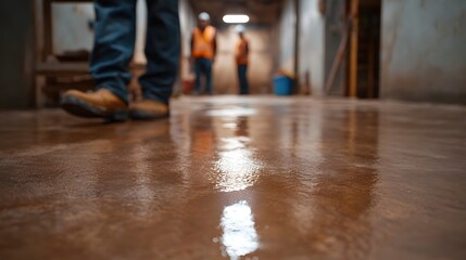 Obraz premium Shiny wet concrete floor in an industrial setting with blurred construction workers wearing safety vests in the background