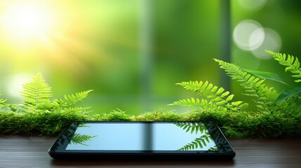 Tablet PC on wooden table surrounded by lush green foliage