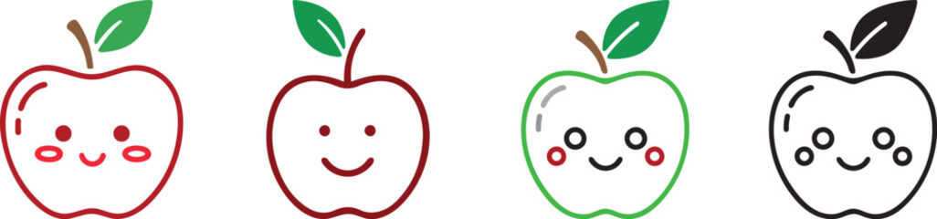 Four cute apples with faces in varying colors and outlines