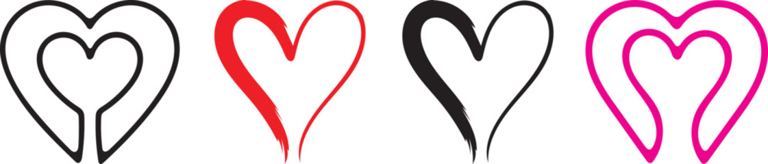 Four stylized hearts in a row featuring black red and pink outlines