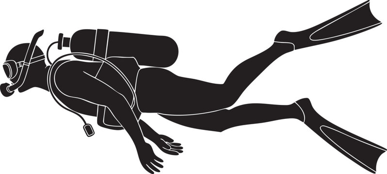 Scuba diver silhouette vector illustration underwater swimming isolated on transparent checkered background