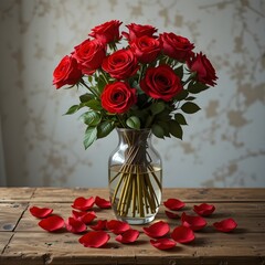 꽃잎이 떨어진 나무 테이블 위에 놓인 아름다운 빨간 장미 꽃병
