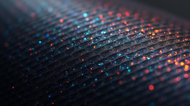 High-end material study: iridescent carbon composite, tight weave, micro specular highlights, gasoline-like color shift, dark base