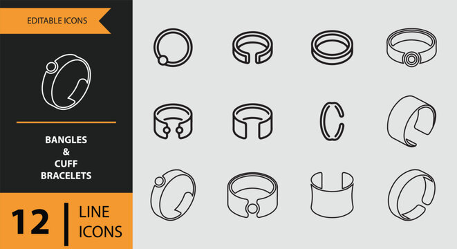 Bangles and Cuff Bracelets Icons outline icon set.Stylish bangles and cuff bracelets outline icons