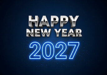 A digital illustration of Happy New Year 2027 in neon and metallic text