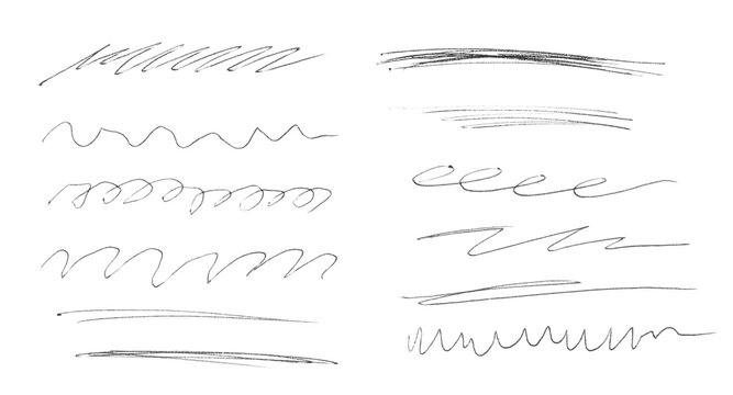 set of hand drawn ball pen scribble lines and curves isolated on white or transparent png