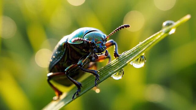 Macro Shot of Iridescent Jewel Beetle on Green Grass with Morning Dew Drops