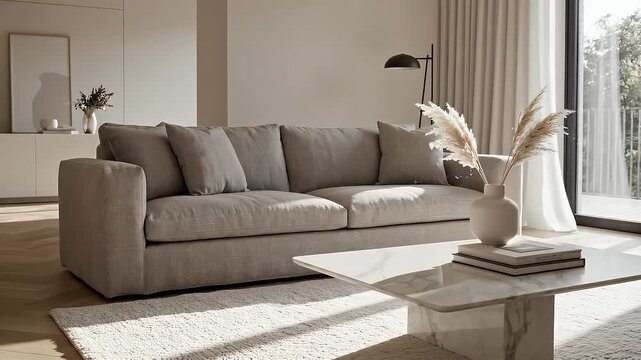 Modern minimalist living room with neutral sofa and marble table