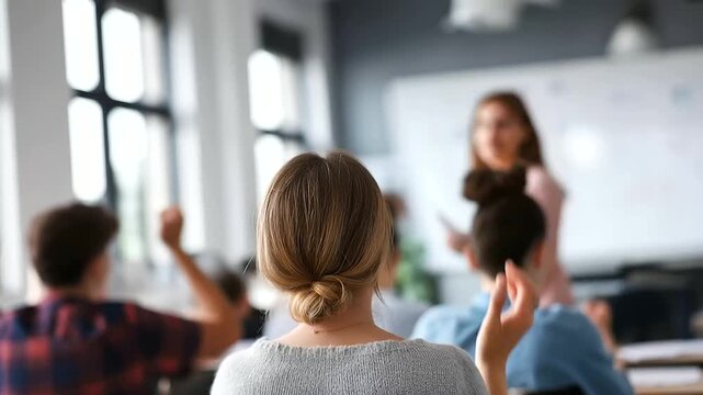 Modern classroom interior with faceless students raising hands seen from behind position happy teacher background education school life concept defocused classroom setting wit