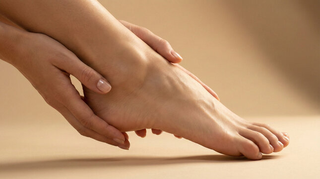 Close up of female hands massaging a smooth bare foot on beige background, skin care and wellness concept