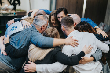 A diverse group of coworkers and friends huddle in a circle, showing support and unity. People celebrate a moment of teamwork and collaboration in an indoor office setting.