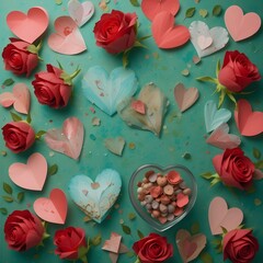 발렌타인데이를 위한 아름다운 빨간 장미와 종이 하트 배열