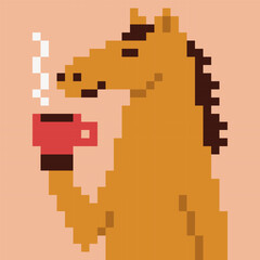 Pixel art illustration of a horse holding a cup of hot coffee in retro 8-bit style. Cute pixelated character with steam, symbolizing cozy mood, relaxation, morning routine, and coffee break. Vector