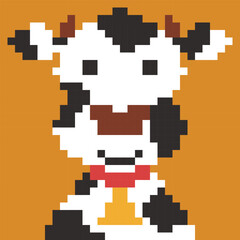 Pixel art vector illustration of a cute cow in retro 8-bit style. Pixelated character. Perfect for apps, games, stickers, children&rsquo;s designs, and digital projects.