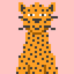 Pixel art illustration of a cute leopard in retro 8-bit style. Smiling pixelated puppy character. Perfect for apps, games, stickers, children&rsquo;s designs, and digital projects.